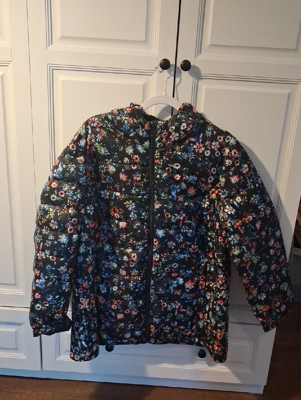 Woman Within Black Floral Quilted Jacket with Pink Blue White Accents